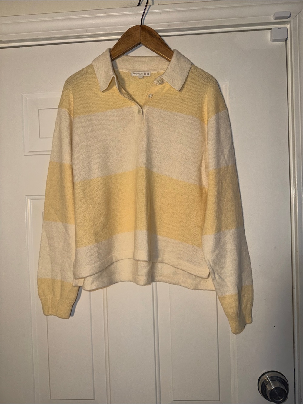 Madewell Pale Yellow and Cream Striped 100% Wool Polo Sweater. Sz L - Picture 1 of 5